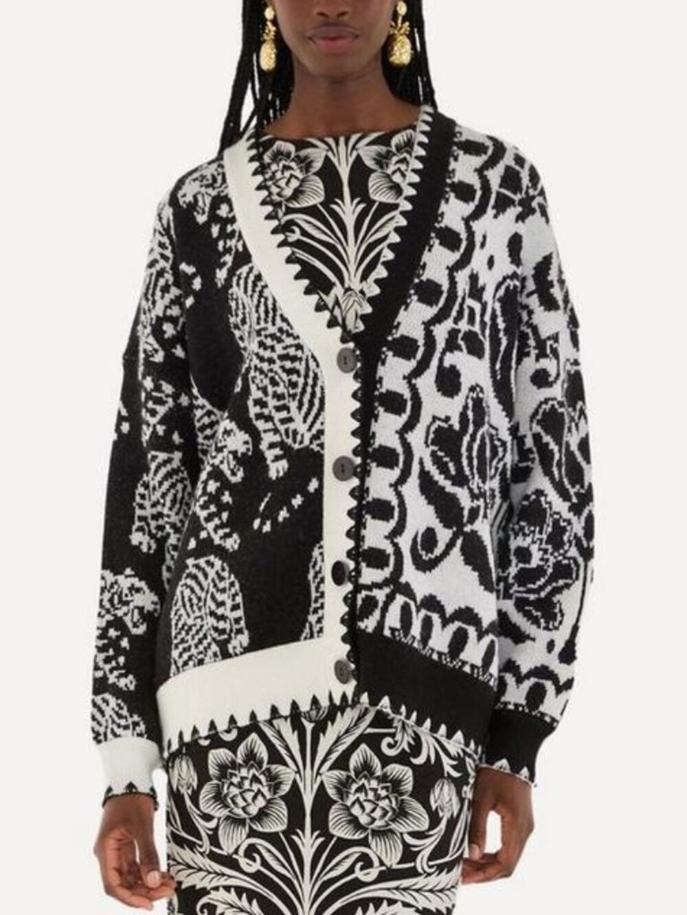 Farm Rio Black & White Mixed Striped Tigers Buttoned Knit Cardigan Size XL